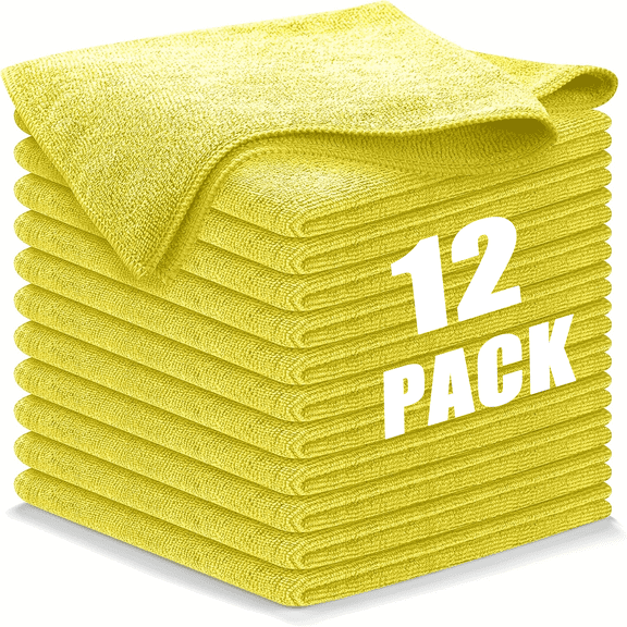 Microfiber Cleaning Cloth 12 Pack, 12 x 12 inch Microfiber Towels for Cars, Ultra Absorbent Washing Cloth, Lint Free Streak Free Cleaning Rags for Car, Kitchen, and Window (Yellow)
