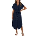 thumbnail image 2 of ClodeEU Women's Short Sleeve Button Down Shirt Dress,Casual Tie Waist Midi Dress with Side Slit Navy,Women's Plus L, 2 of 8