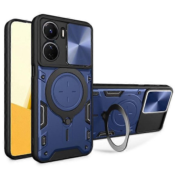 Compatible For vivo Y16 4G Slide Camera Protection Phone Cover Hybrid PC+TPU Kickstand Phone Case Blue