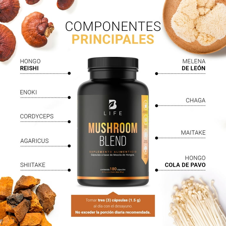 Complejo de Hongos de 180 Cápsulas. Ingredientes naturales: Reishi, Cordyceps, Melena de Leon, Chaga, Cola de Pavo, Maitake, Shiitake, Enoki y Agaricus. Mushroom Blend B Life. B LIFE Cápsulas