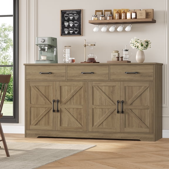 Homfa 59"W Farmhouse Kitchen Sideboard Credenza, Lengthen Storage Cabinet for Dining Room, 4-Doors 3-Drawer Wood Buffet with Adjustable Shelves, Rustic Brown