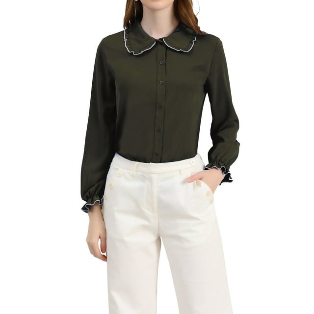 INSPIRE CHIC Women's Sweet Ruffle Peter Pan Collar Button up Work Shirts L Army Green