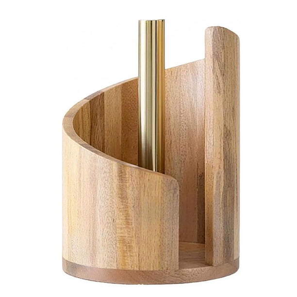 Mountain Paper Towel Holder Countertop, Natural Mango Wood Round Base with Iron Stand, Rustic Wooden Dispenser for Jumbo and Mega Rolls, Effortless One Hand Tearing for Kitchen