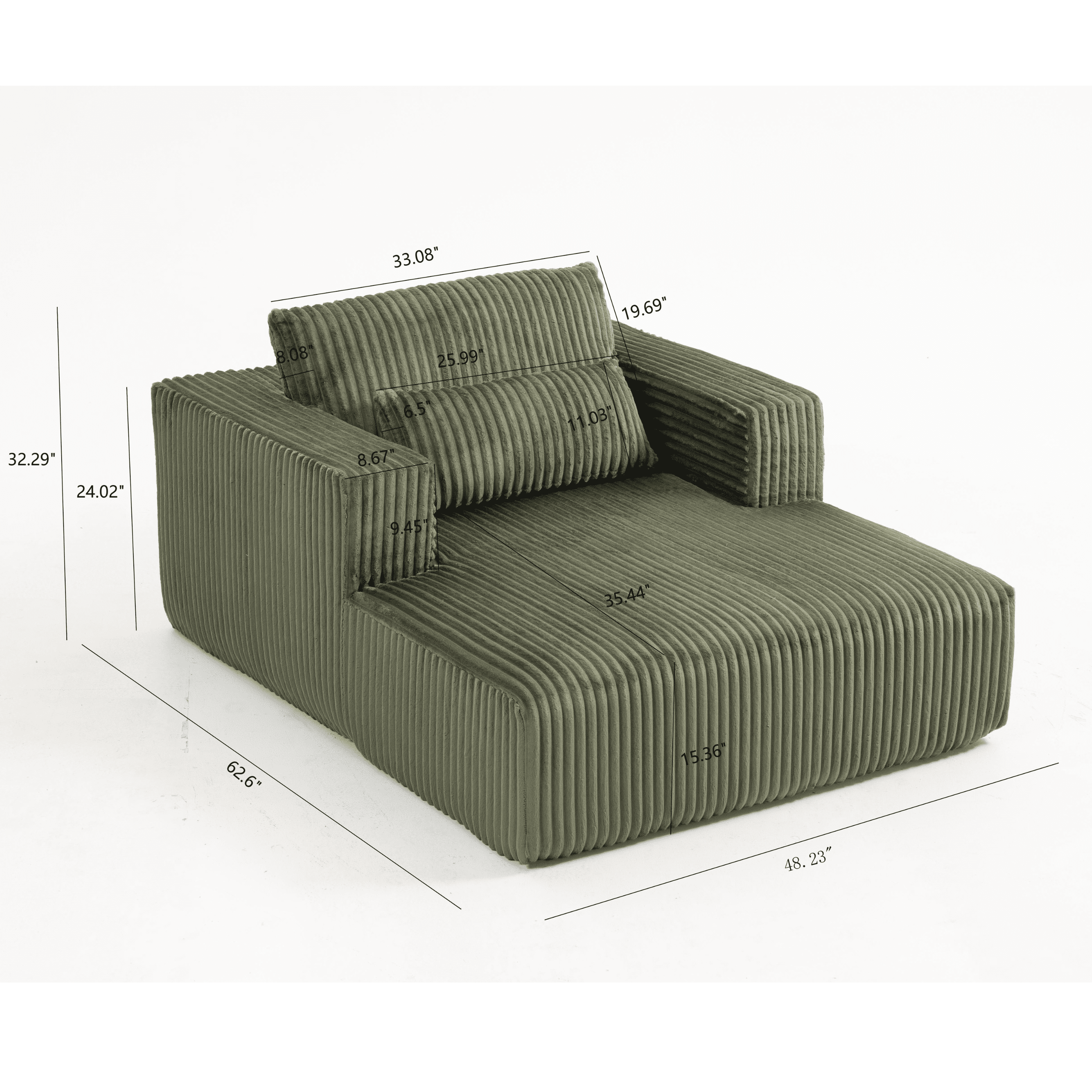 Miniyam Oversized Corduroy Chaise Lounge Sofa, Deep Seat Plush Couch with Pillows, Upholstered Floor Sofa, No Assembly for Living Room Bedroom, Green