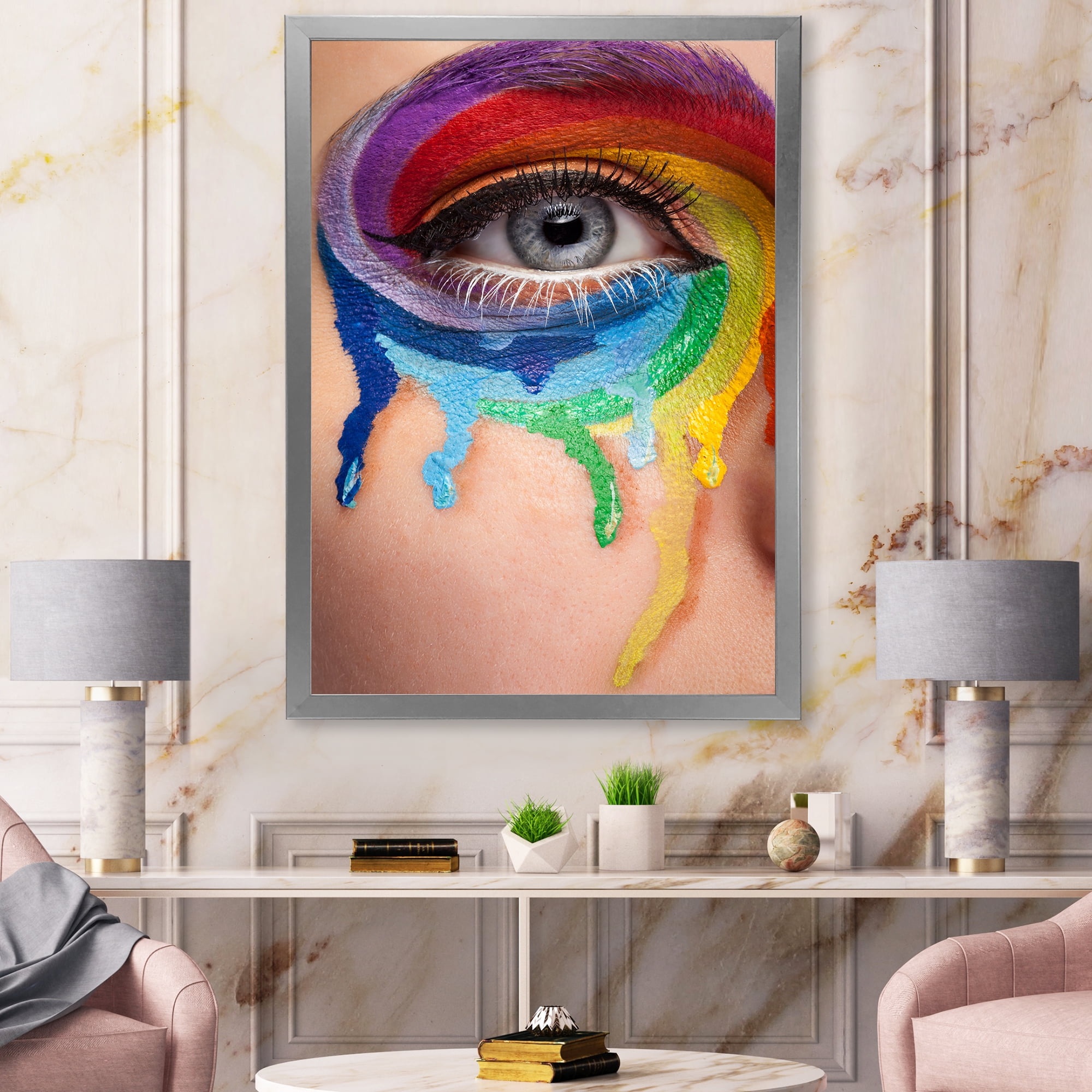 Designart 'Close Up Eye With Colourful Cry In A Wheel Arround' Modern Framed Art Print