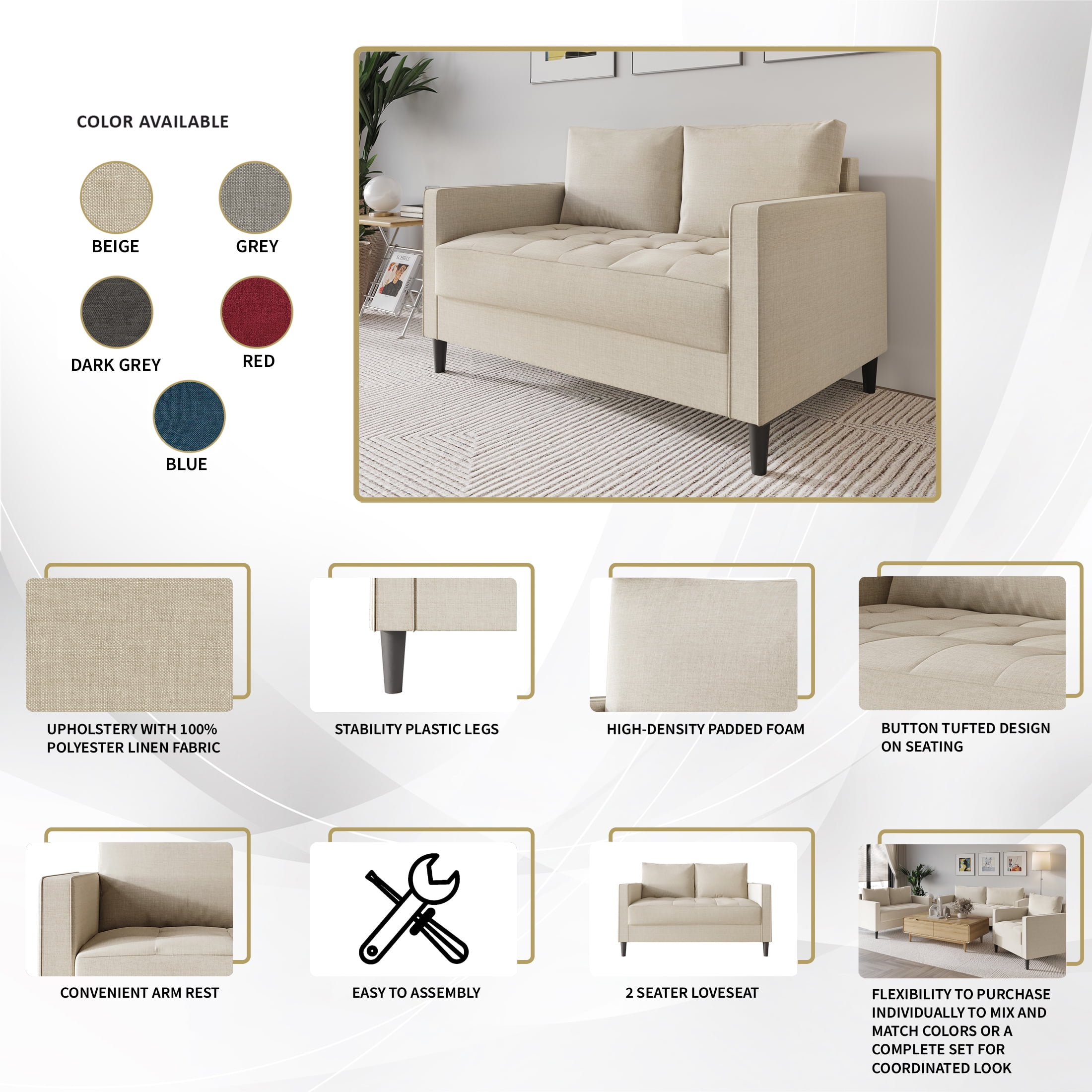 Castle Place Classic Linen Upholstered Loveseat, Beige