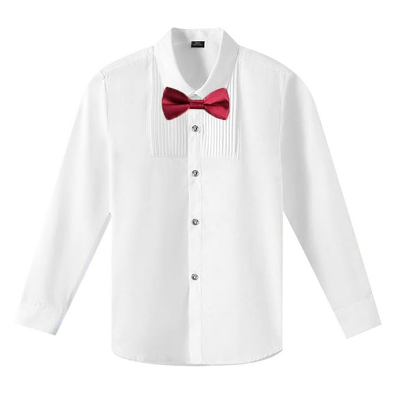 Miqool Boys Dress Shirts Formal Tuxedo Shirt Solid Soft Cotton Long Sleeve Button Down Shirt with Bow Tie