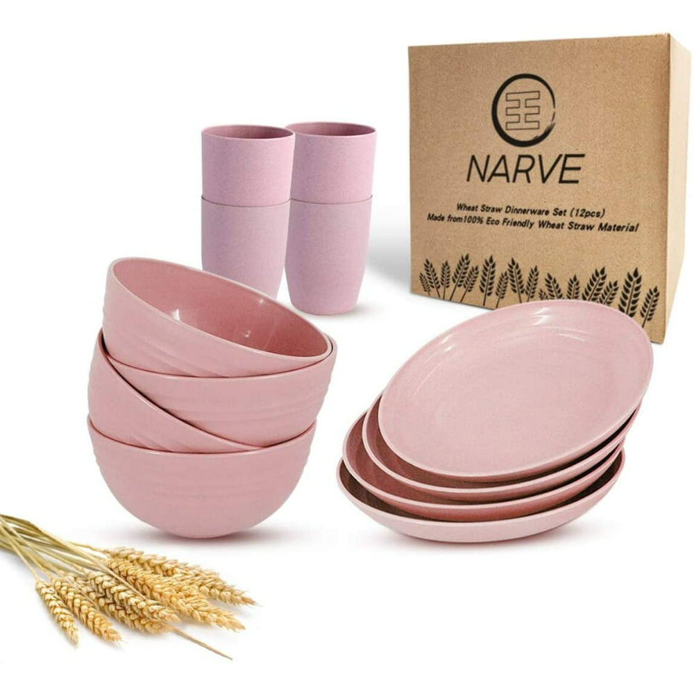 Wheat Straw Dinnerware Sets (12pcs) Pink-Unbreakable Microwave Safe