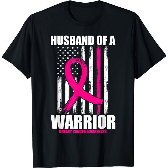 Breast Cancer Awareness Husband Of A Warrior American Flag T-Shirt
