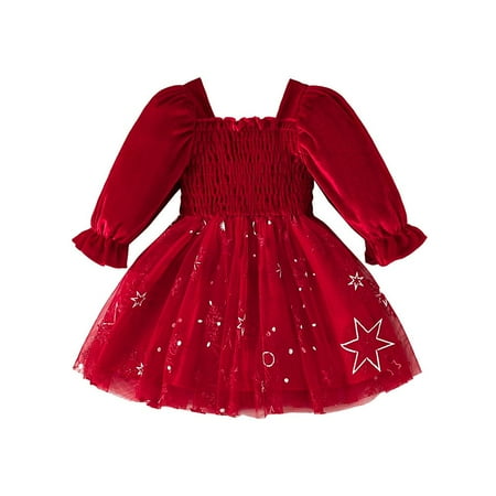 

GYRATEDREAM Little Girls Long Sleeve Christmas Dress Infant Baby Puff Sleeve Square Neck Cable Patchwork A-Line Mesh Tulle Dress Toddler Winter Xmas Party Dress for 2-3 Years Red