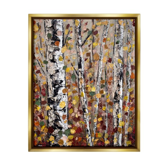 Stupell Industries Autumn Birch Trees Abstract Leaves Landscape Painting Gold Floater Framed Art Print Wall Art