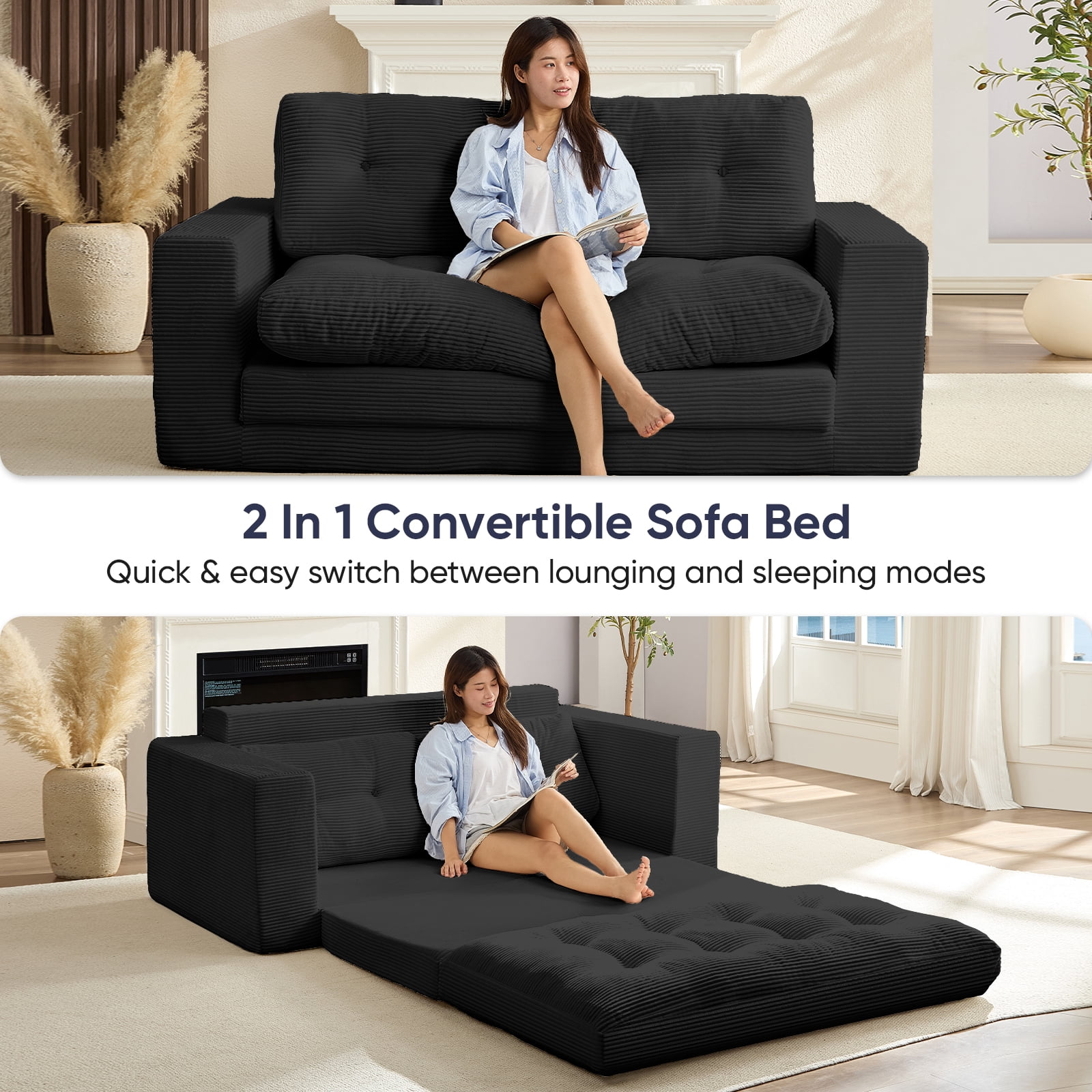 ZAFLY 2 in 1 Convertible Loveseat, Futon Sleeper Sofa Bed, Floor Couch for Small Space - Black