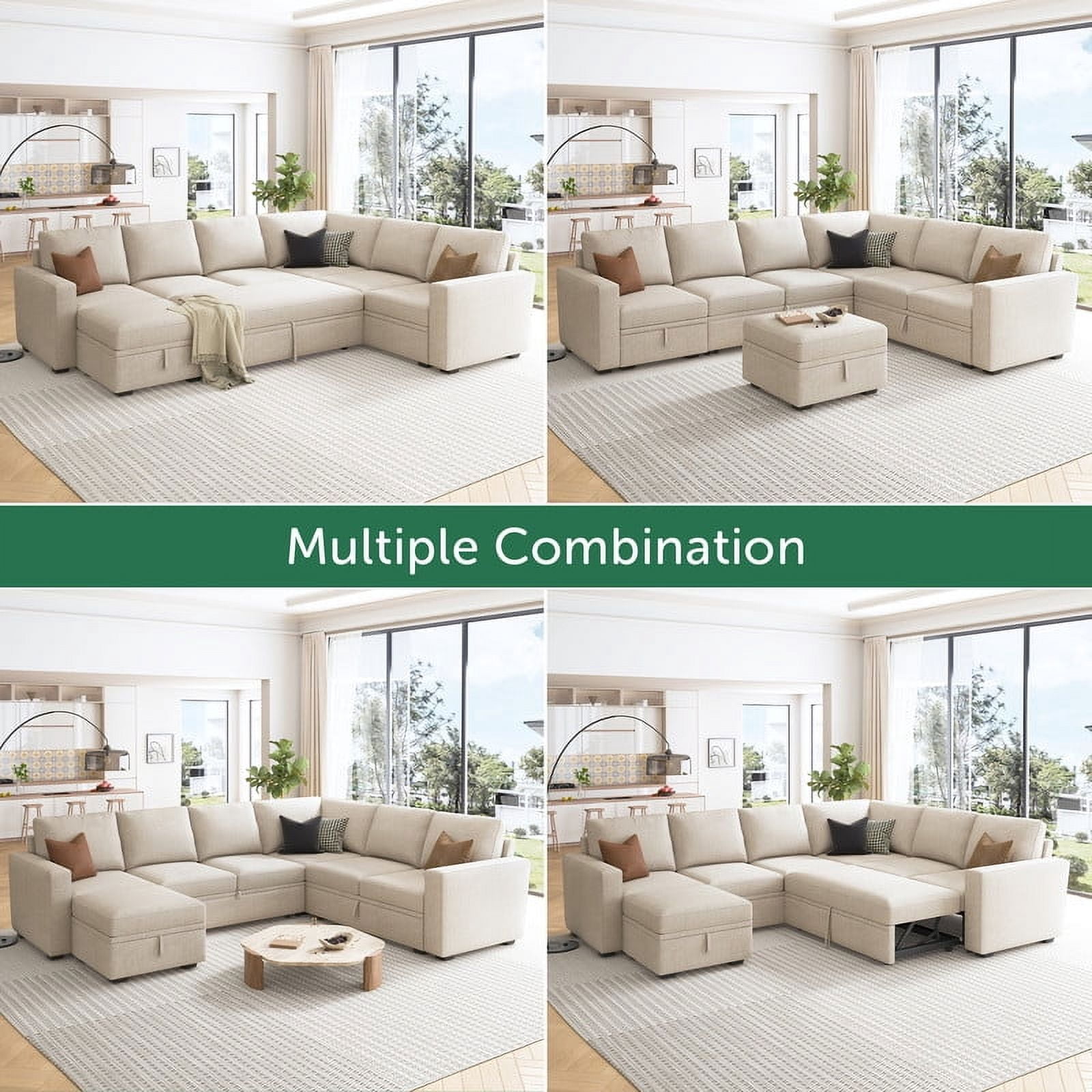 Marrber Convertible Linen Sleeper Sofa Couch Pull Out Sofa with Storage for Living Room Furniture Sets, Beige