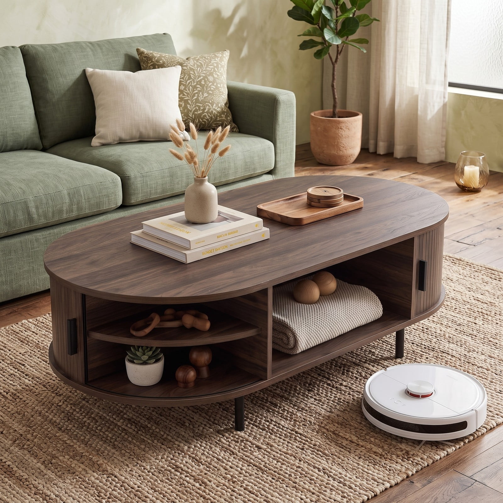 Furnibear Oval Coffee Table 47.5 Inch Wooden Center Table with Storage Shelves and Sliding Doors for Living Room, Walnut