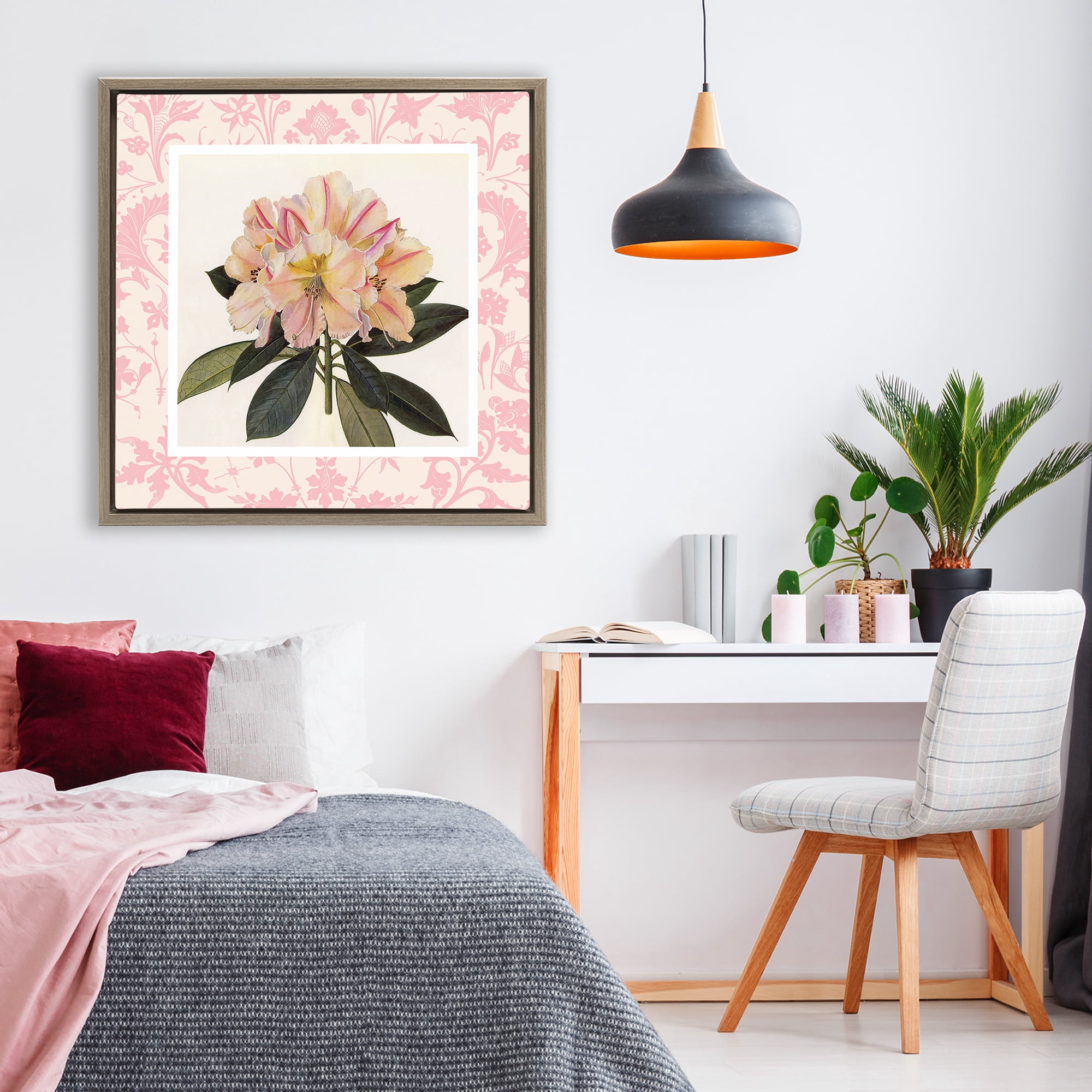 Stupell Industries Pink Vintage Pattern Botanical Brown Framed Floater Canvas Wall Art, design by Livi Finn
