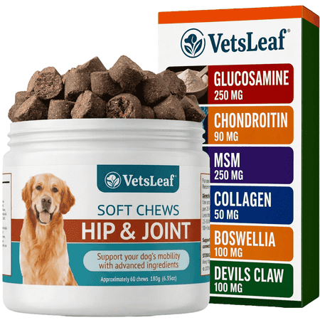 VetsLeaf Dog Hip and Joint Supplement Chews - Glucosamine, Chondroitin & MSM with Collagen, Boswellia & Devils Claw - 6g Per Chew - Made in USA - 60 Count