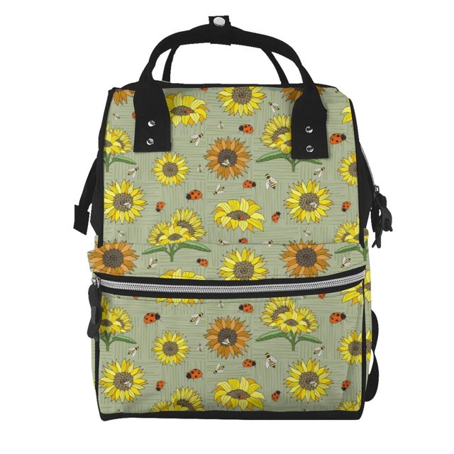 Fotbe Sage Green With Sunflowers Mochila Maternidad - Lona de Sarga Impermeable, Mochila de Pañales de Gran Capacidad con Múltiples Bolsillos y Correas Ajustables