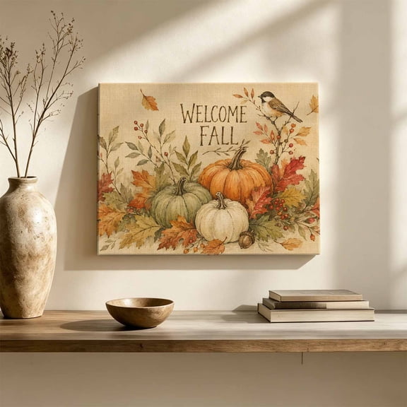 Welcome Fall Canvas Wall Art, Rustic Farmhouse Harvest Pumpkins Bird Leaves Beige Wall Art Prints Artwork Framed Canvas Ready to Hang Art Pictures for Large Dining Living Room Hallway 36" x 24"