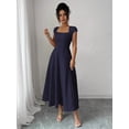 thumbnail image 6 of Navy Blue Womens Square Neck Cinched Waist A-Line Midi Dress For Spring Summer Casual Vacation, 6 of 7