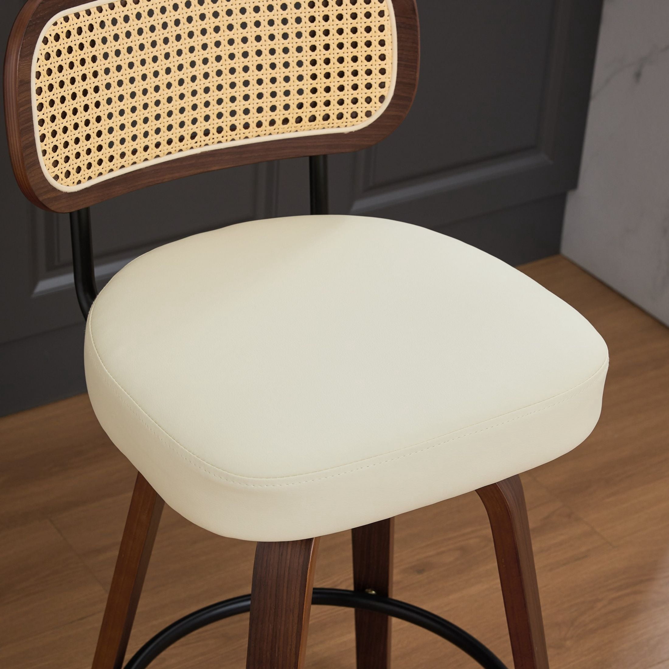 Noble House Set of 2 Counter Height Bar Stools, Cane Back, PU Seat, Walnut + Beige