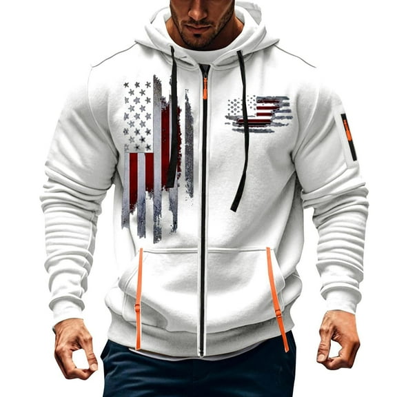 Mens Casual Hooded Sweatshirt Jacket Multi-Pocket Vintage Print Long Sleeve Zipper Workwear Jackets (XL, White)