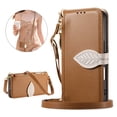 thumbnail image 3 of For iPhone 14 Pro Flip Wallet Phone Case,With Shoulder Strap&Wrist Strap,Flip Fold Kickstand,With Card Slots,Zipper Pocket,Leaf Magnetic Closure,Shockproof Anti-fall Phone Case,Brown, 3 of 13