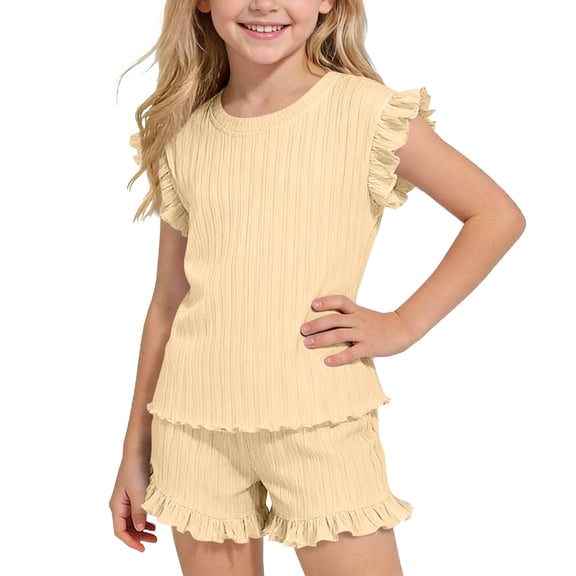 OGLCCG Girls 2 Piece Outfits Summer Ruffle Short Sleeve T-Shirts and Shorts Sets Ice Silk Sport Suits 1-10 Years