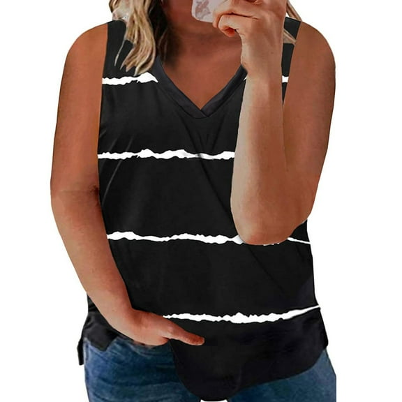 QUINDOS Womens Tank Tops 2025 Basic Black Summer Casual Plus-Size V-Neck Striped Sleeveness Tops Loose Vest Blouses Camisoles for Women