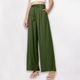thumbnail image 2 of Ladies Pants Casual High Waisted Drawstring Linen Wide Leg Beach Pants With Pockets Pure Color High Waisted Pants Dark Green S, 2 of 4