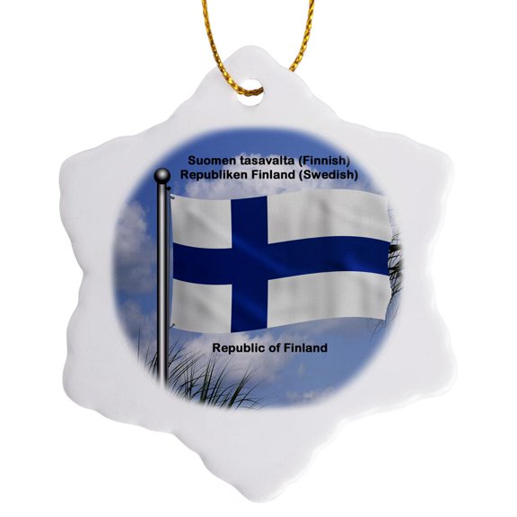 3drose, Flag of Finland Waving Against Sky with Republic of Finland Written in English, Finnish and Swedish, 3 inch Snowflake Porcelain Ornament