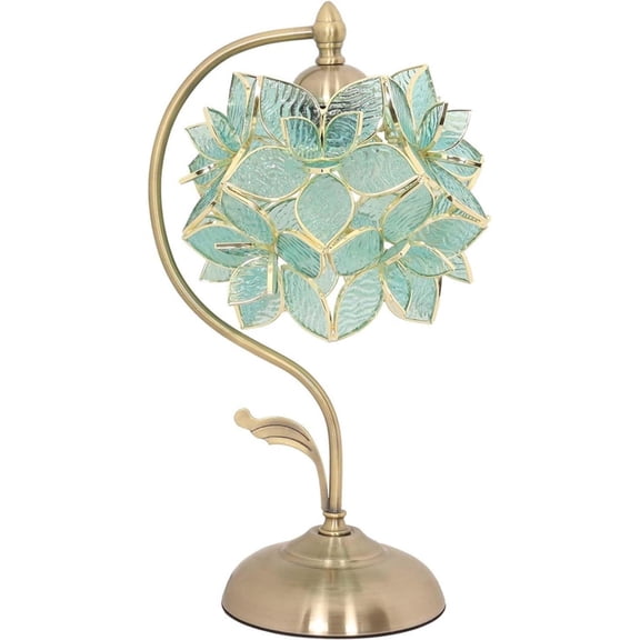 Tiffany Table Lamp, 17 Inch Handmade Stained Glass Flower Lamp, Brass Base, Vintage Home Decor Light