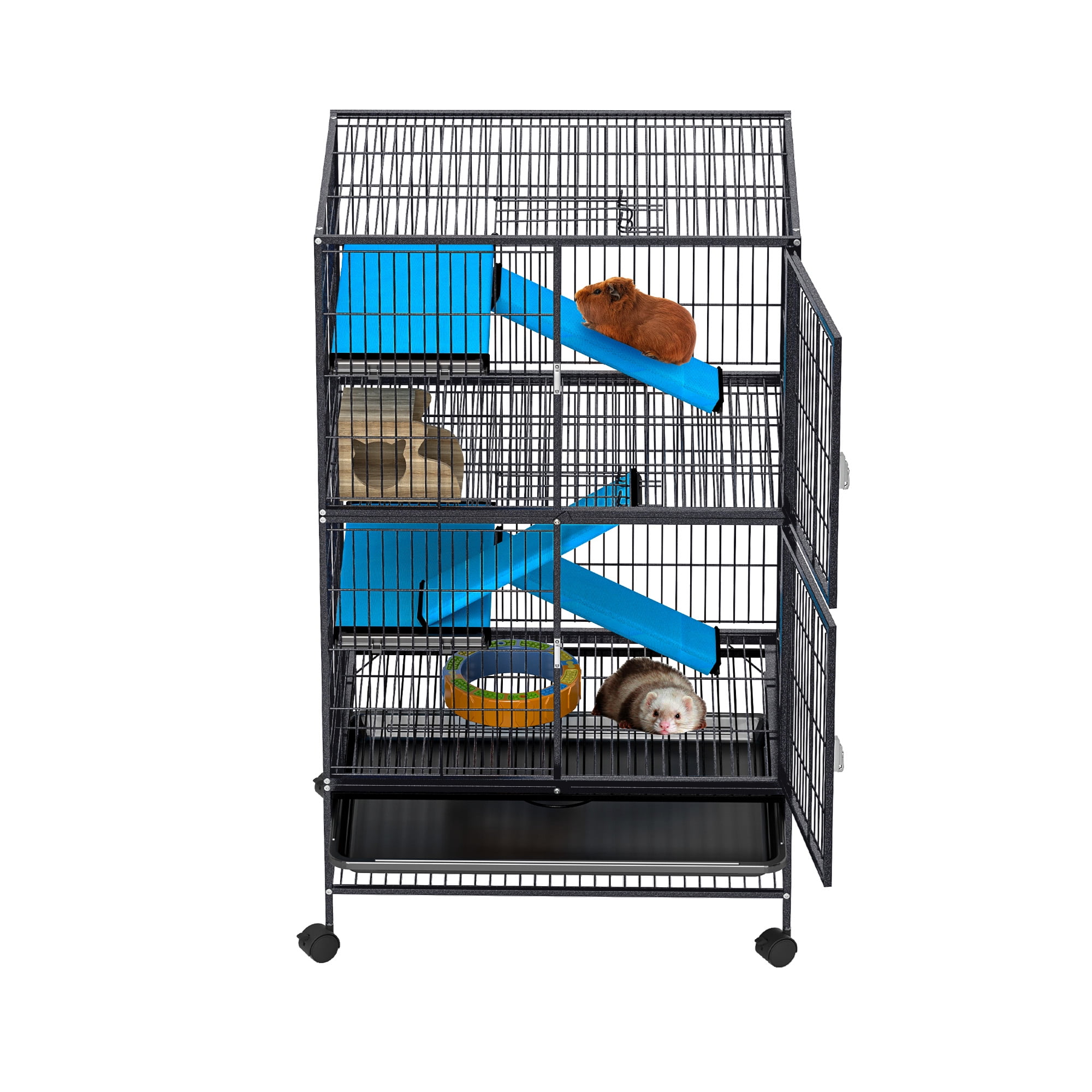 Uforic Small Animal Cage  with Platforms & stair , Indoor Metal 4-Tiers Animal Cage for Rabbits, Chinchillas and Hamsters,4 universal 360 °wheels,Black