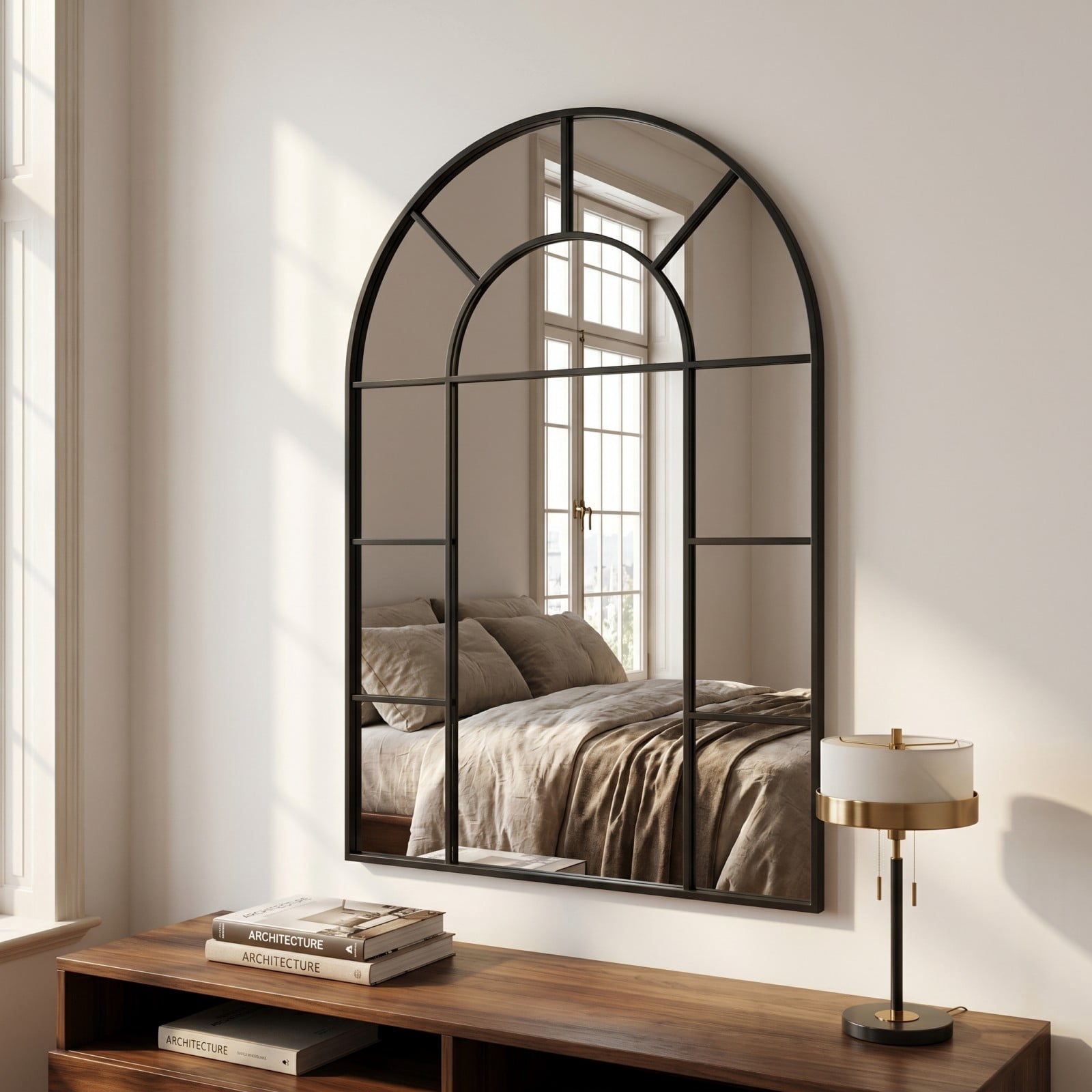 Gleamira 32"x48" Arched Bathroom Mirror Wall Mirror with Windowpane Wall-Mounted Leaning Mirror, Black