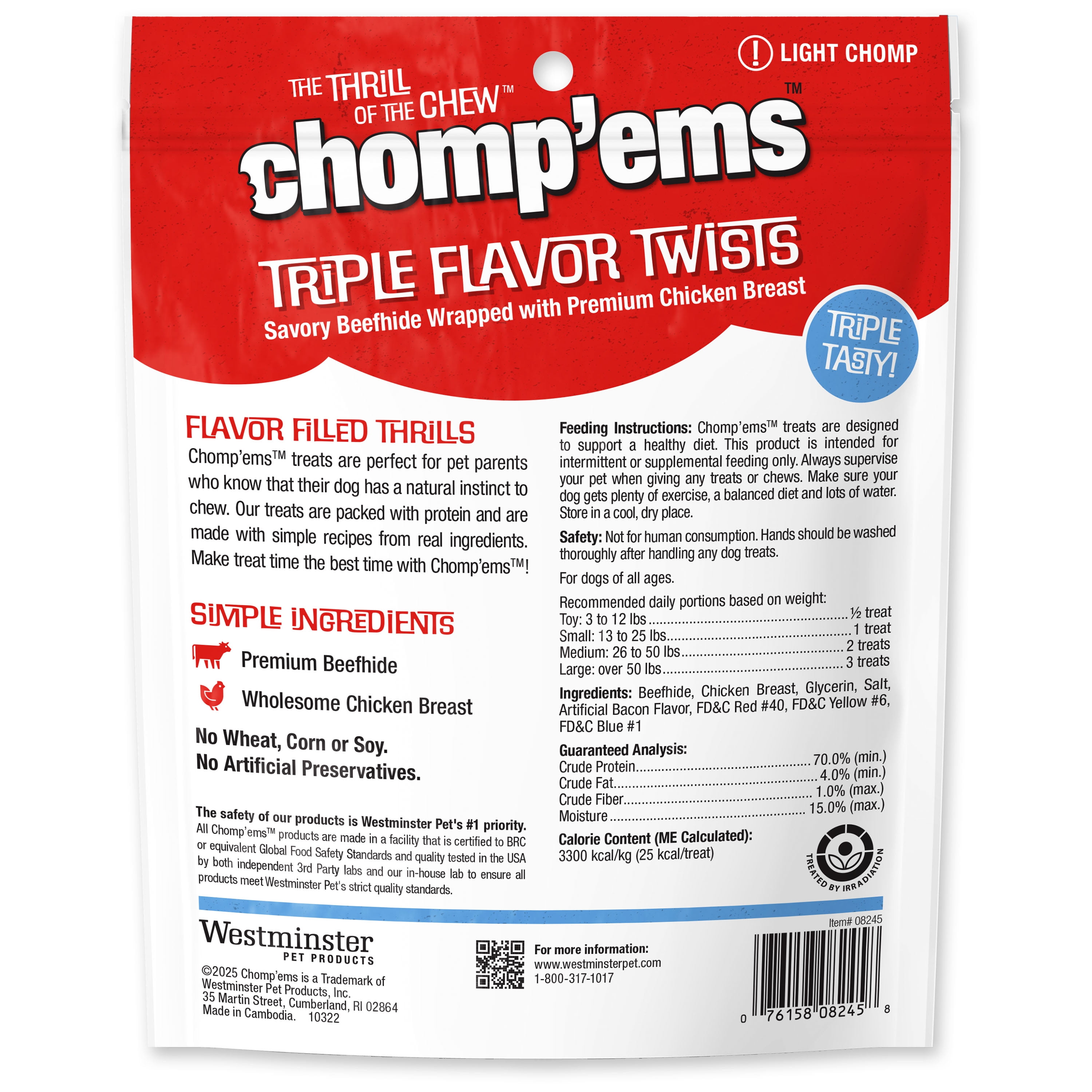 Chomp 'ems Triple Flavor Rawhide Twist Sticks - Beefhide Dog Chew - Treat for Dogs, 50 Count