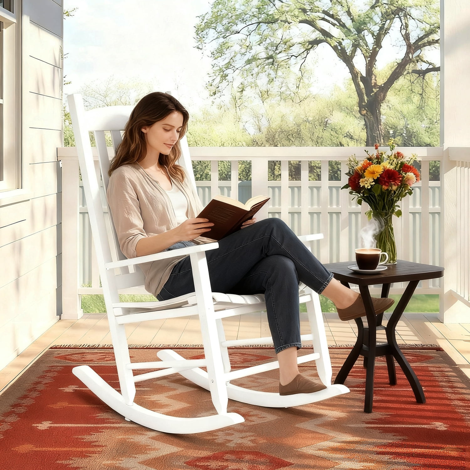NiamVelo Outdoor Solid Hardwood Porch Rocking Chair 243 lbs Capacity for Home Garden, White