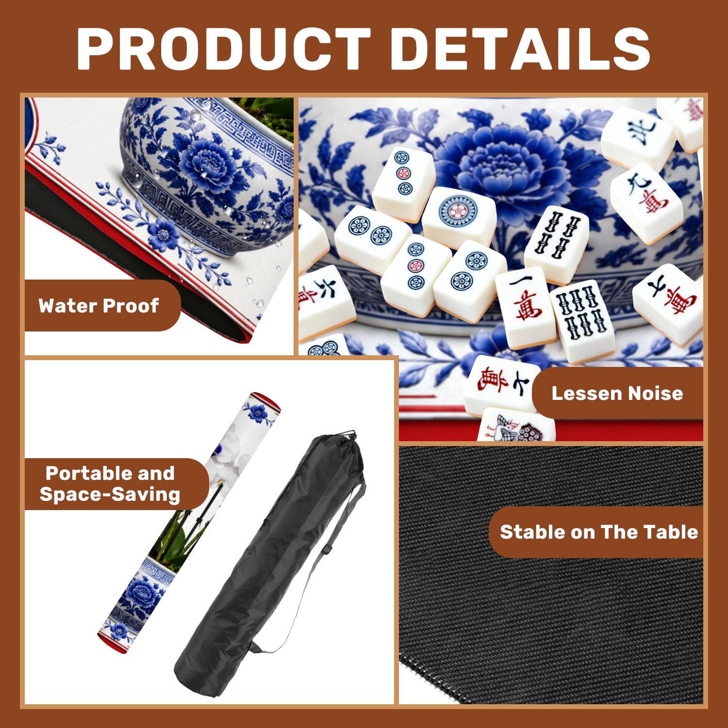Mahjong Mat 31.5" x 31.5" Elegant White Orchids Blue White Porcelain Bowl Red Non-Slip Noise Reduction Mahjong Tiles Table Cover for Dominoes Poker Card Board and Tile Games