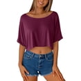 thumbnail image 5 of Crop Tops for Women Boat Neck Elbow-Length Cropped T-Shirt Solid Color Oversized Tee Shirts, Wine L, 5 of 6