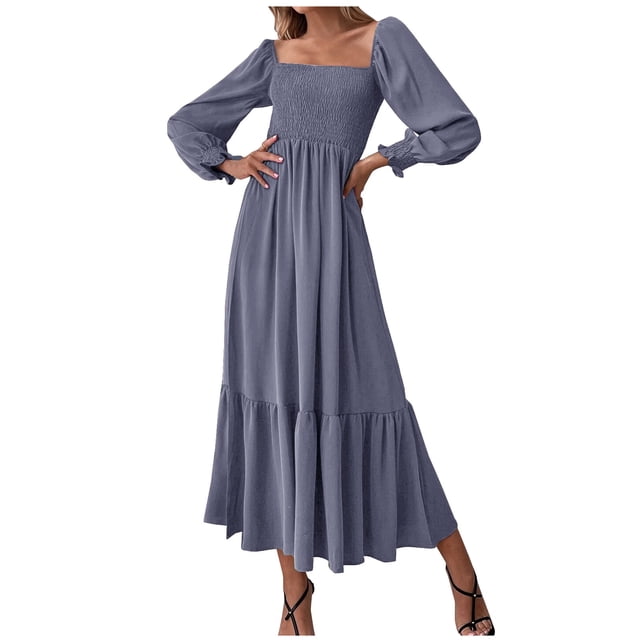 RKSTN Longues Robe à Manches pour Femmes Décontractée Mode Chandail Robe d'Automne Encolure Carrée Couleur Unie Taille Haute Plissée Robe Maxi