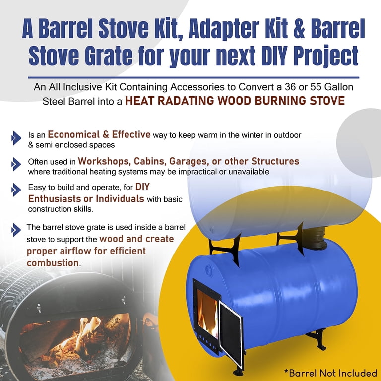 Barrel Stove Kit For 30-55 Gallon Drum | DIY Wood Burning Stove For Heating & Cooking