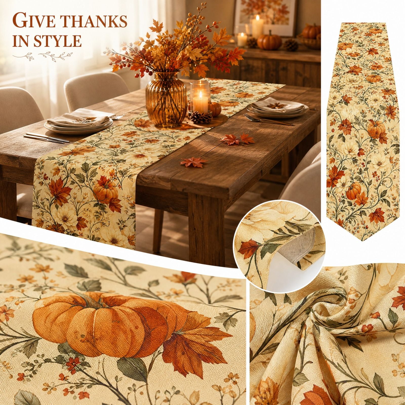Thanksgiving Table Runner with Vintage Autumn Pumpkin Floral Design and Cream Beige Linen Fabric 2D Printed Fall Decor for Dining Room Kitchen Rectangular Centerpiece with Maple