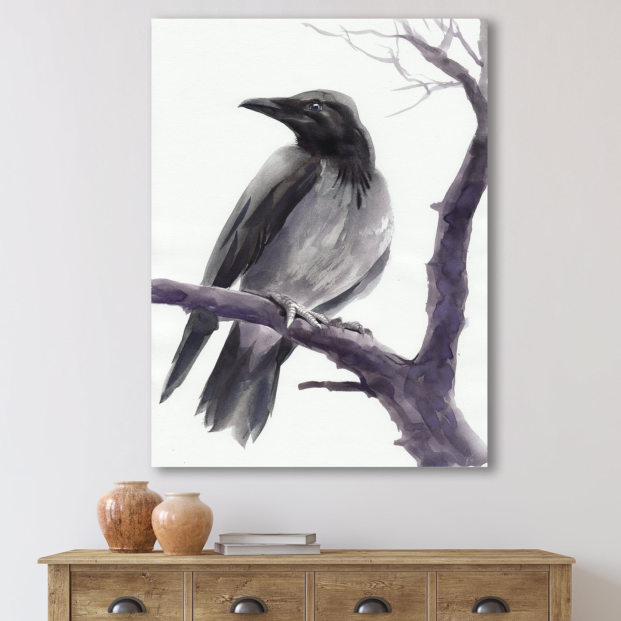 Designart ' Big Crow Sitting On A Branch ' Traditional Canvas Wall Art Print