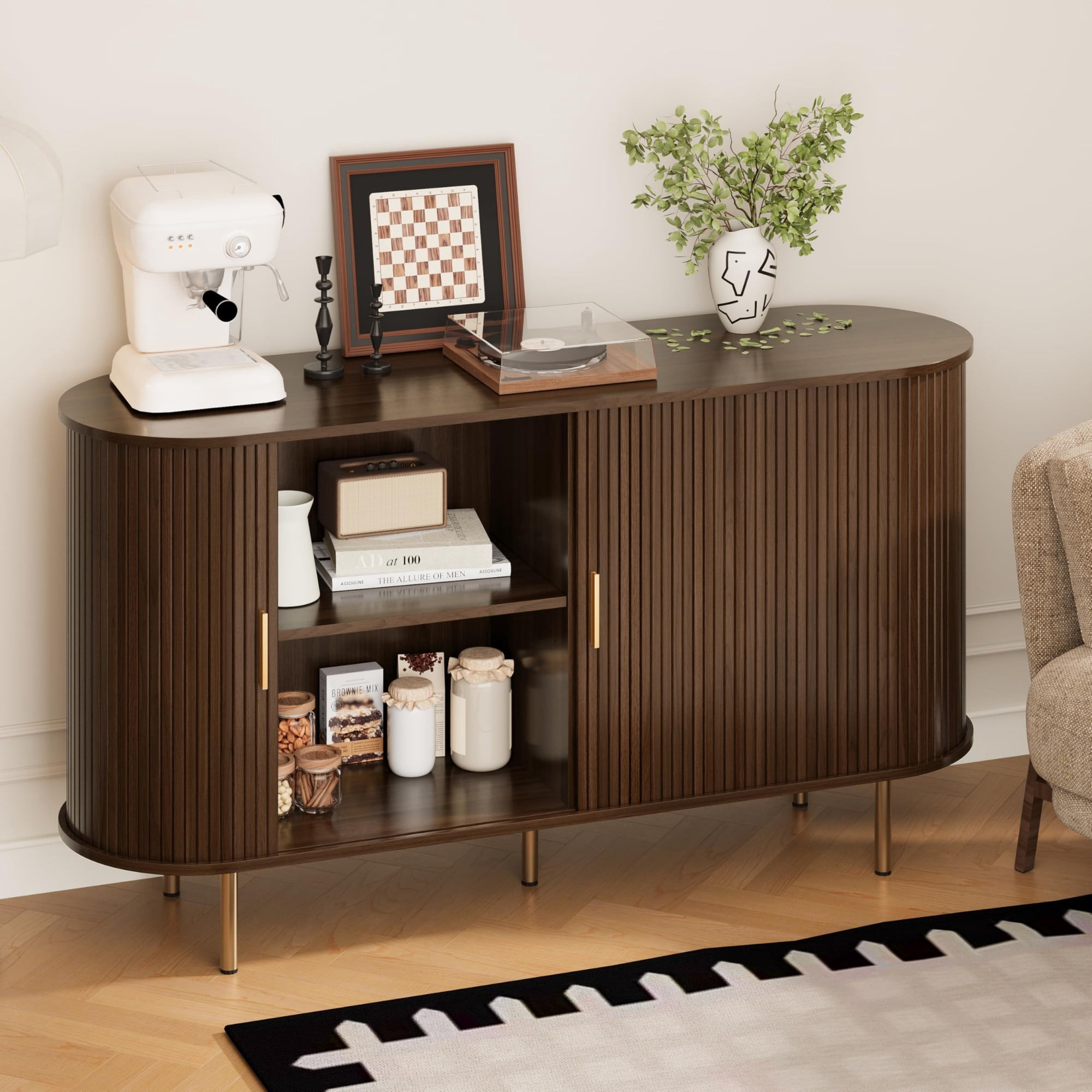 Mid Century Modern Sideboard Buffet Cabinet, 55 Inch Fluted Coffee Bar Console with Tambour Sliding Doors, Coffee