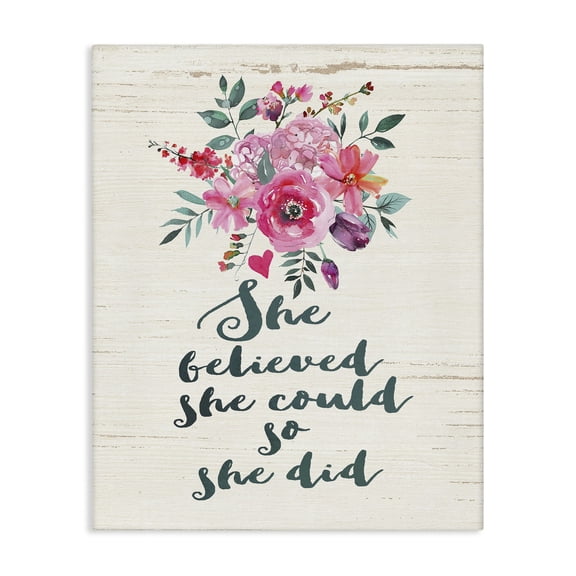 Stupell Industries Cottage She Believed Pink and Blue Flowers and Typography Wood Look Canvas Art, 30 x 40, by Jo Moulton