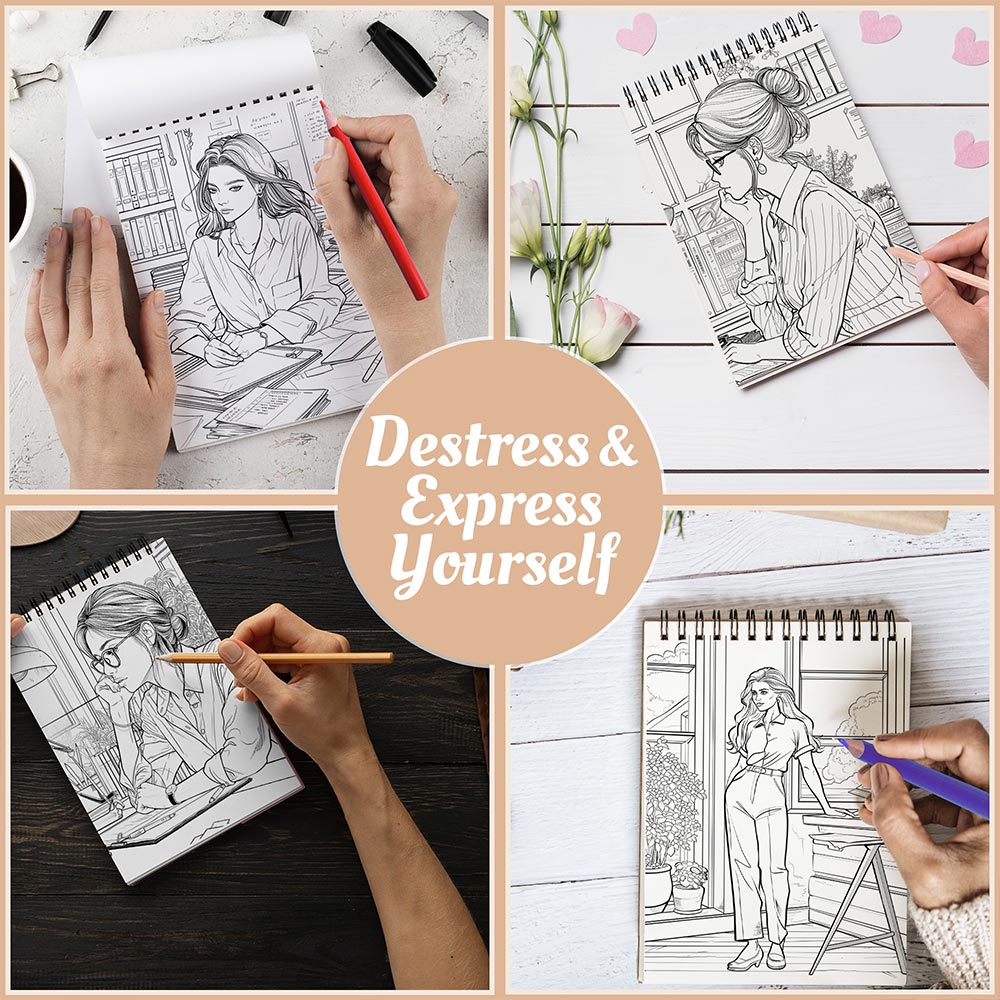 Netecom Beauty Secretary Coloring Book for Adults, A5 Wooden Cover, 30 Enchanting Coloring Pages of Stylish Secretaries for Stress Relief and Relaxation, Spiral Bound Edition