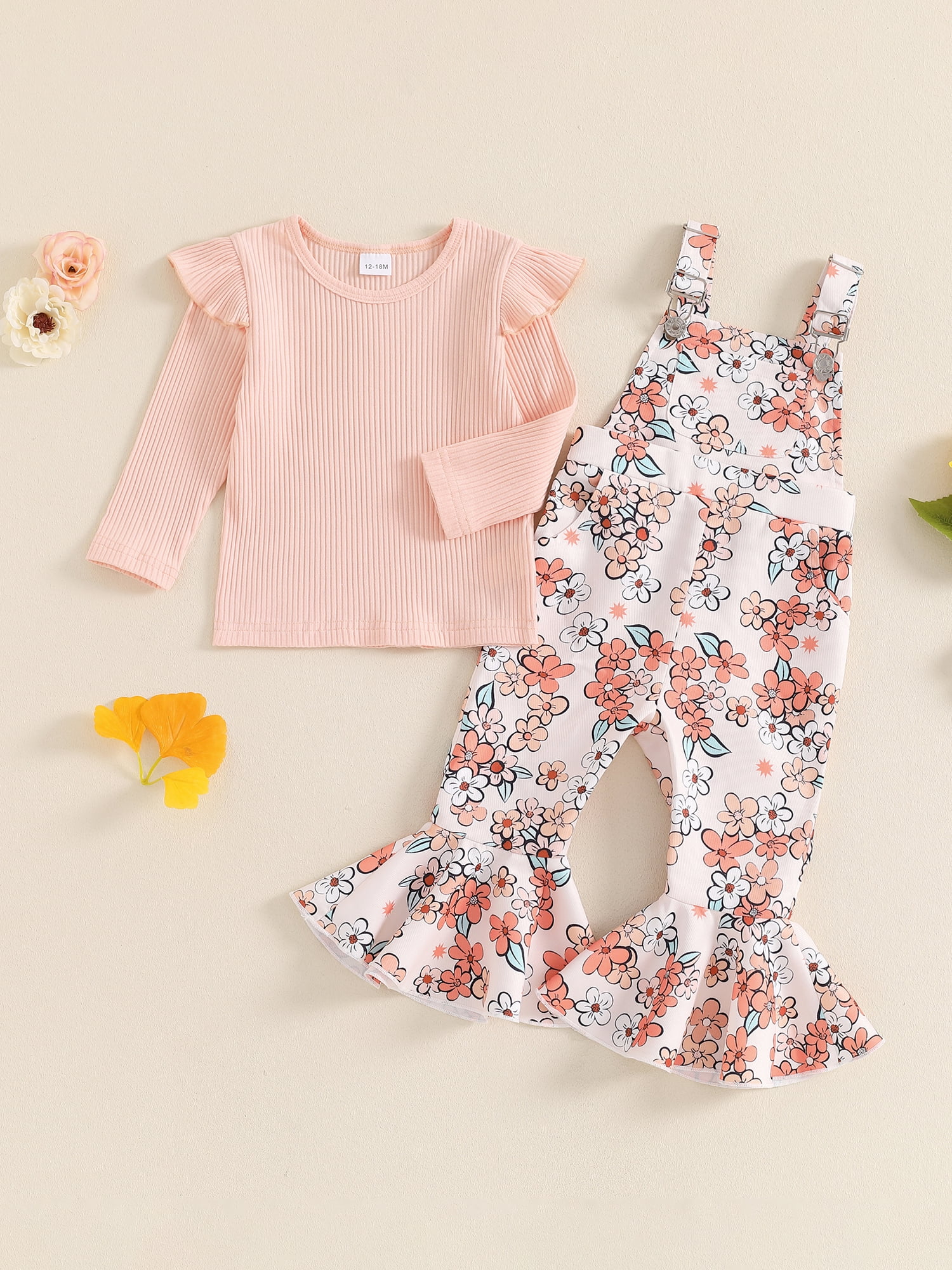 Hirigin Toddler Baby Girl Fall Clothes 1-5 Years Floral Print Overalls Suspender Flare Pants Long Sleeve Ruffle Knit Top 2Pcs Outfits Set