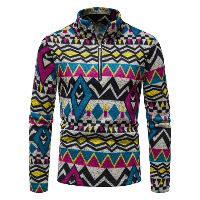 Fankiway Style Ethnique Chandail-Over Décontracté à Col Montant Demi-Fermeture à Glissière pour Hommes