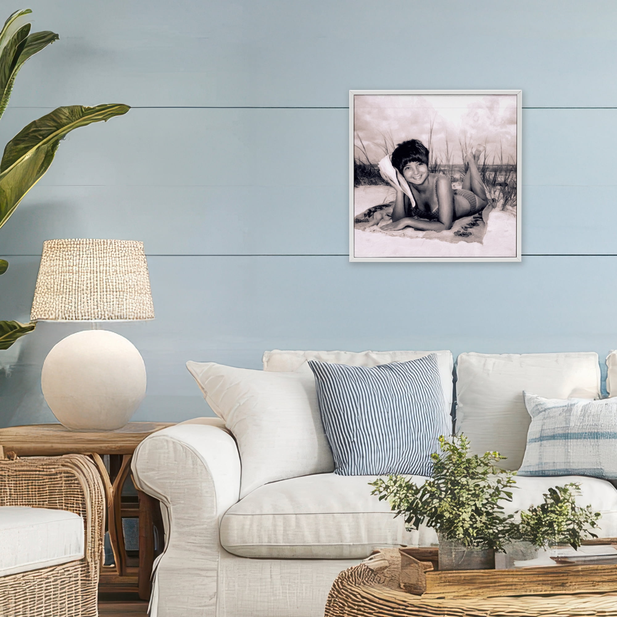 Stupell Industries Vintage Summer Girl with Conch White Framed Giclee Art, design by Grotto Studios