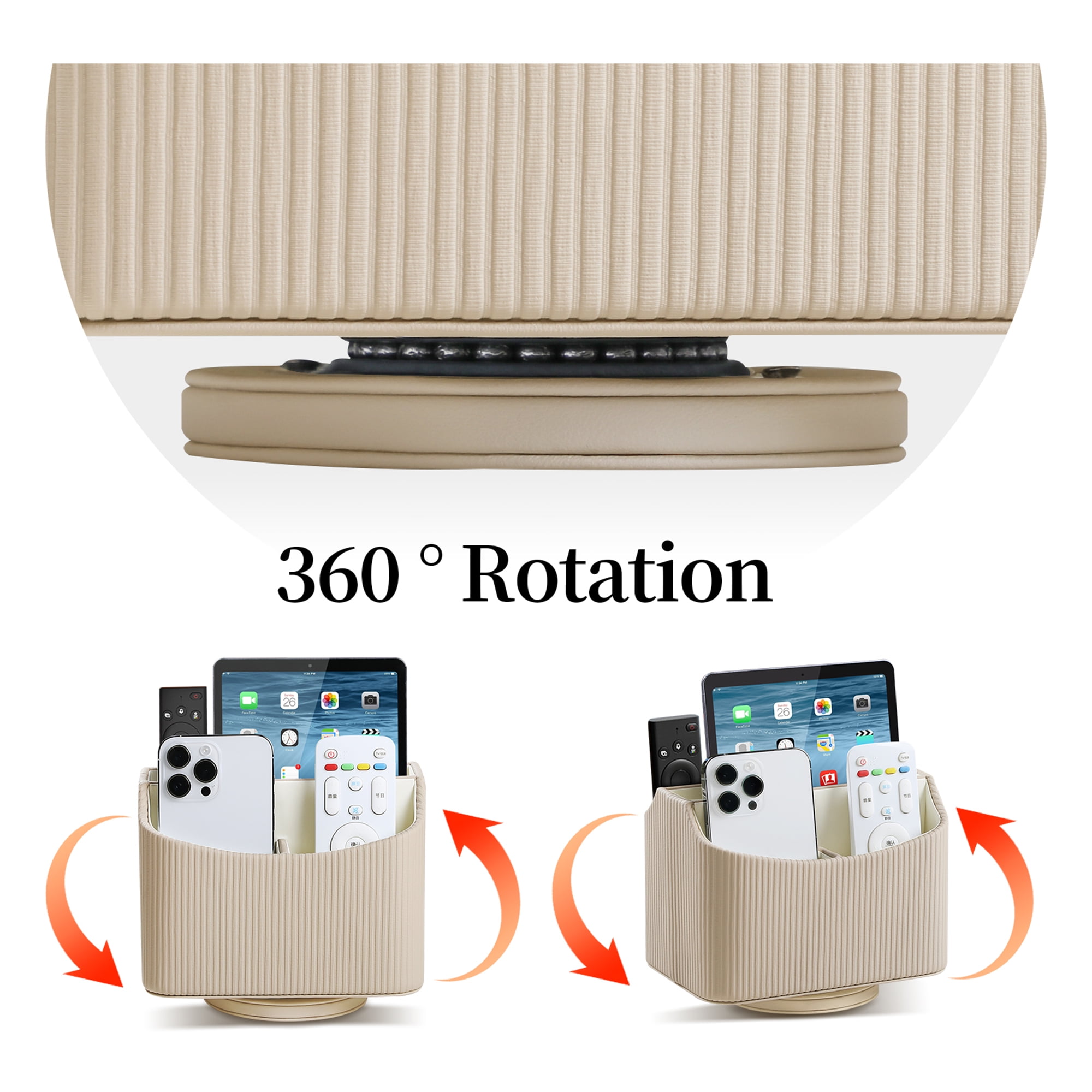 PU Leather Remote Control Holder, 360 Degree Rotating Desk Organizer Storage Table Remote Caddy, Spinning Bedside Organizer Nightstand Organizer for Desktop Office Home (Beige)