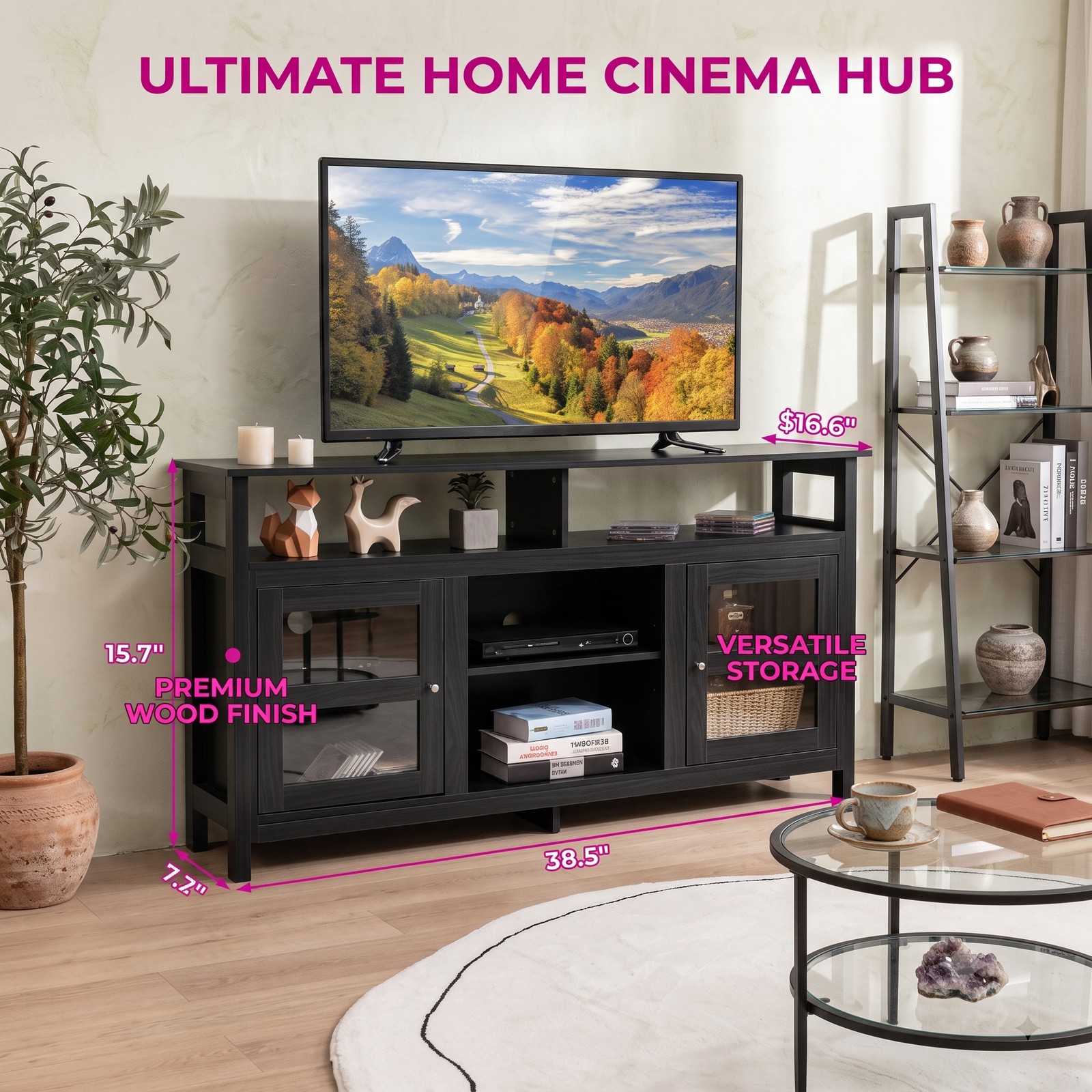 Furnibear 58 Inch TV Stand Entertainment Center Media Console with 2 Acrylic Door Cabinets, Fireplace Ready Open Shelves and Cable Management for TVs up to 65, Black
