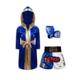 thumbnail image 2 of Sinleey Kids Boys Girls 3Pcs Boxing Suit Satin Hooded Boxing Robes with Boxer Shorts and Punching Sparring Gloves Set Royal Blue 10, 2 of 9
